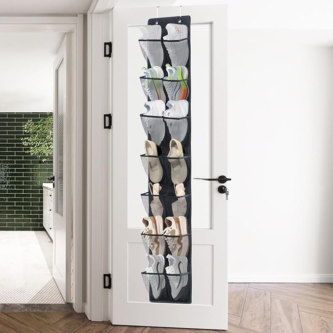 Over The Door Shoe Organizer, 14 Large Mesh Pockets Hanging Shoe Rack for Closet Organizers and Storage, 2-pack (black)