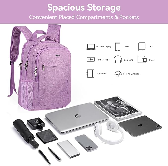 Voova Travel Laptop Backpack, Business Work Laptop Backpack for Women & Men with USB Charging Port, Waterproof Slim Durable College Computer Bag Fits 15.6 Inch Laptops and Notebook, Purple