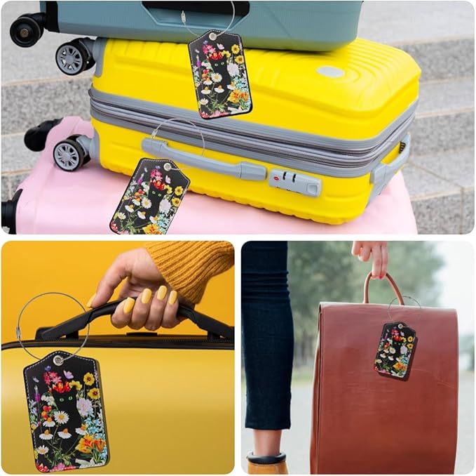 2 Pack Luggage Tag for Suitcase, Cute Unique Leather Suitcase Tags Identifiers with Privacy Name Address Labels & Durable Steel Loop for Women Men Travel