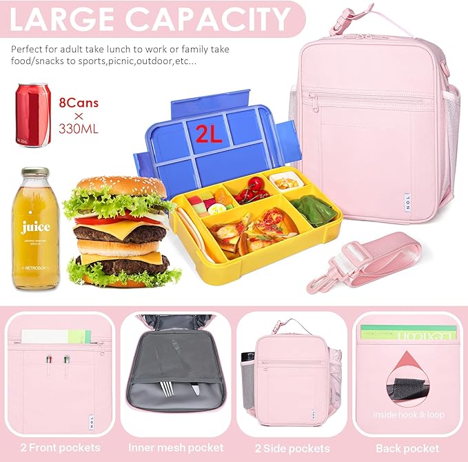 NOL Nylon Waterproof Kids Lunch Bag, Insulated Lunch Bag, Lunch box Cooler, Reusable, Zip Closure with Buckle Handle Holds Lunch Box, Snacks & Water Bottle for School Work,Pink