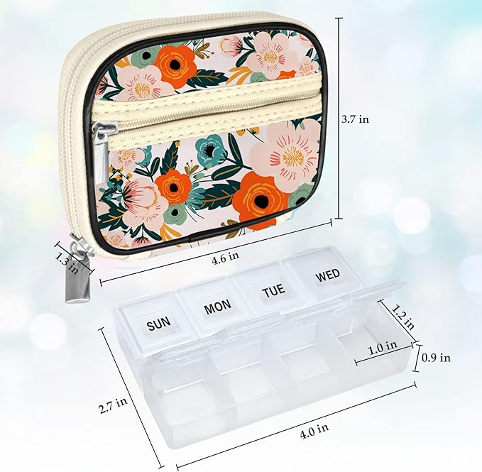 Serfeymi Weekly Travel Pill Organizer Case for Purse with Removable 7 Day Pill Box, Fashionable Pill Container for Medicine, Vitamin, Supplement - Bloom 01
