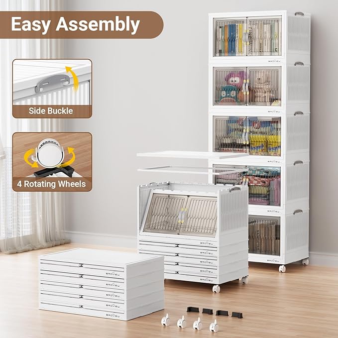 BROVIEW 400Qt Stackable Storage Bins with Lid, Extra Large Closet Organizer Collapsible Drawer Boxes with Wheels, Folding Plastic Cabinet Containers for Home Kitchen Room Organization, 4Pack White