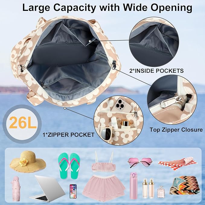 LEDAOU Beach Bags for Women, Beach Bags Waterproof Sandproof, Packable Beach Tote Bag with Zipper Travel Sports