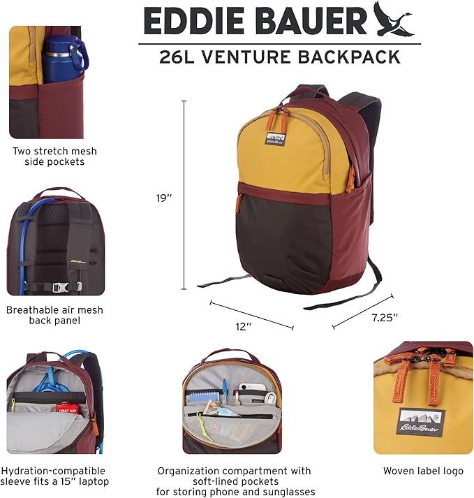 Eddie Bauer 26L Venture Backpack, Hydration and Laptop Compatible Daypack, Dusty Jade