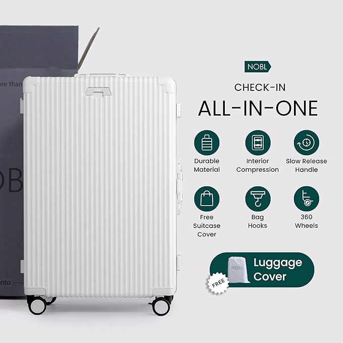 Nobl Travel Zipperless Check In Suitcase - Aluminum Frame, Check In luggage 30.2x20x12 Airline Approved by Noble Travel - Unbreakable Polycarbonate Shell - Dual TSA Locks, 360° Spinner Wheels - White