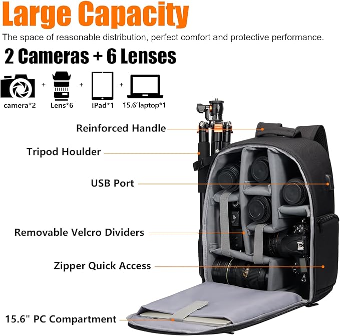 CADeN Camera Backpack Bag with Laptop Compartment 15.6" for DSLR/SLR Mirrorless Camera Waterproof, Camera Case Compatible for Sony Canon Nikon Camera and Lens Tripod Accessories Black
