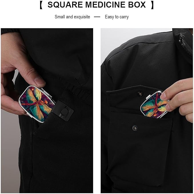 Metal 2 Compartment Pill Organizer Travel Friendly Portable Compact Pill Box Cute Pill Case,for Pocket Wallets Daily Portable Medicine Vitamin Tablet Storage (Dragonfly)