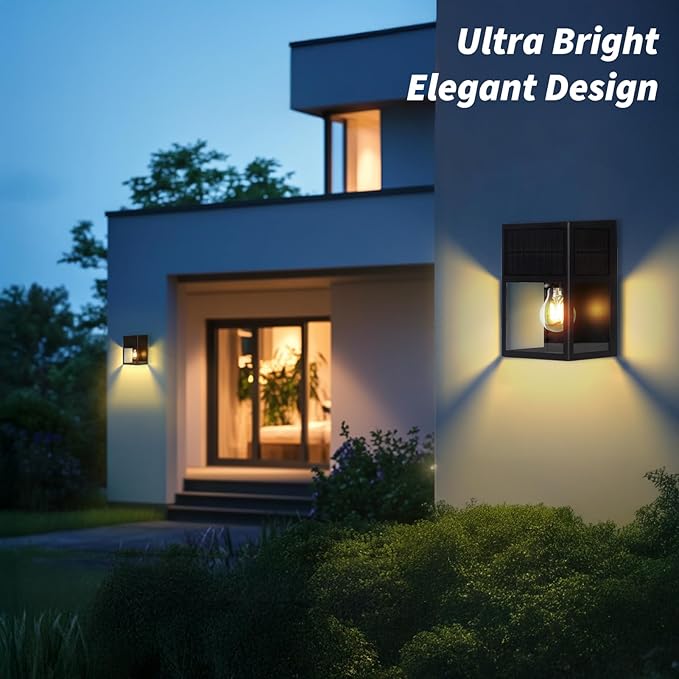 Outdoor Solar Wall Lights, High Brightness Waterproof Lanterns, Porch LED with Stainless-Steel & Tempered Glass, Black Sconce for Door Entryway, Garage, Patio, Yard, Warm White 2Pk