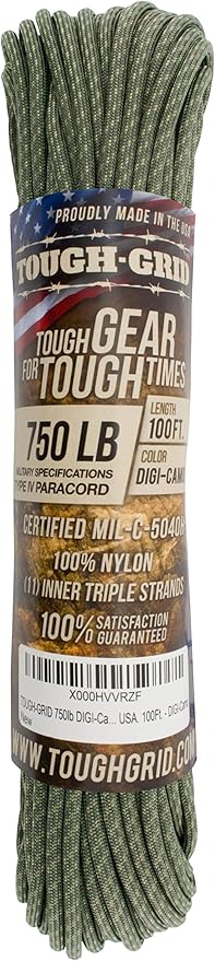 TOUGH-GRID 750 Paracord Rope Nylon Parachute Cord, Made in USA Survival Kit, Outdoor Adventures, Camping, Tactical Gear & Emergency Supplies, Military Type IV Mil-Spec