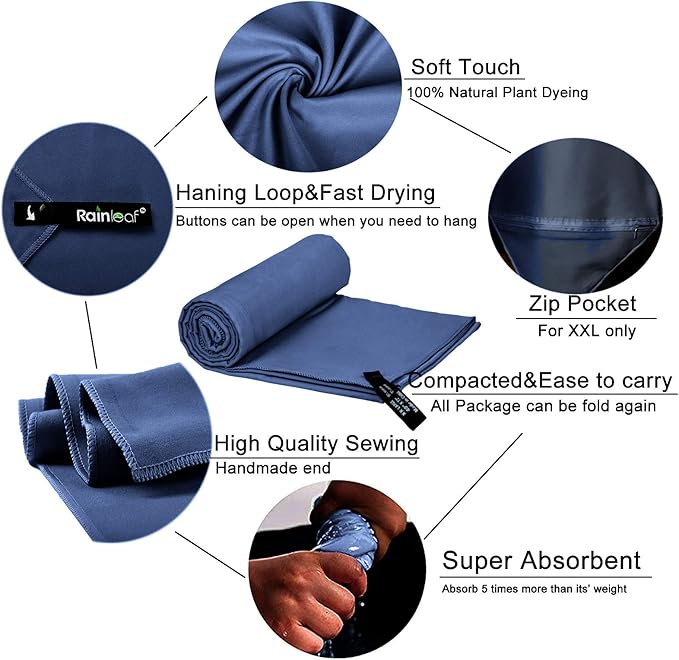 Rainleaf Microfiber Towel Perfect Travel & Gym & Camping Towel. Quick Dry - Super Absorbent - Ultra Compact - Lightweight. Suitable for Trip, Beach, Shower, Backpacking, Pool
