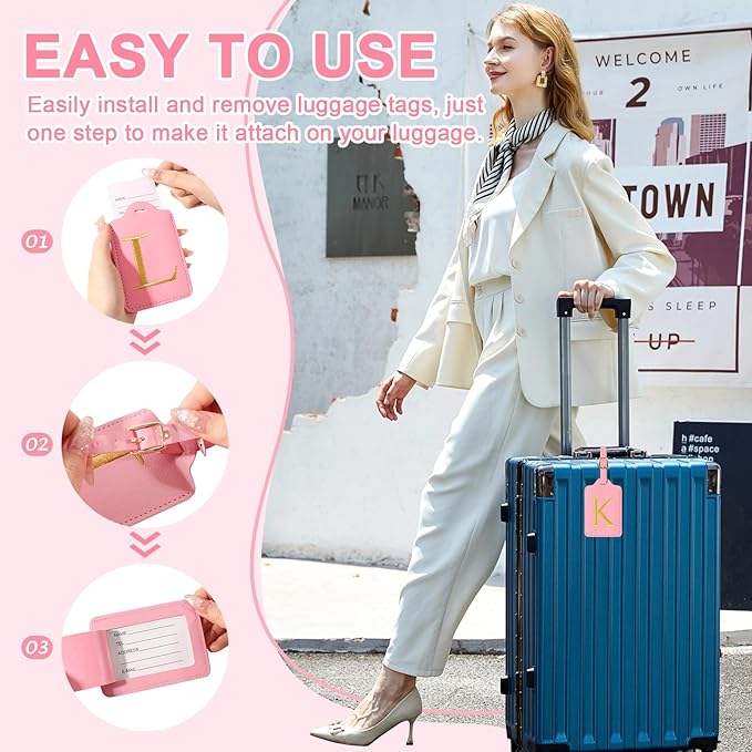 Personalized Initial Luggage Tags for Suitcase, Pink Leather Cute Luggage Tags with Privacy Cover Name Card, Embroidered Custom Monogrammed Luggage Tag Travel Bag Baggage Tags Gifts for Women Kids(K)