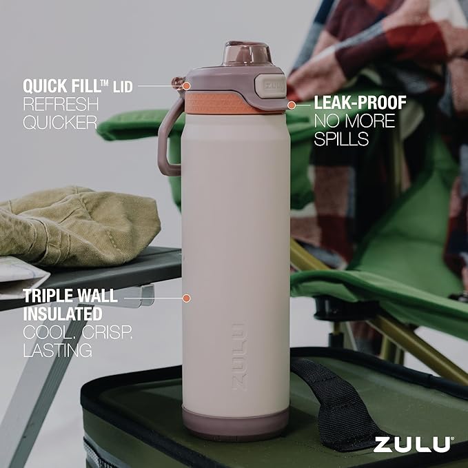 ZULU Powerfill Pro 32oz Stainless Steel Water Bottle with Quick Fill Lid, Triple Walled Vacuum Insulated Metal, Leak Proof Locking Lid, Sip and Chug, Reusable BPA Free, Driftwood