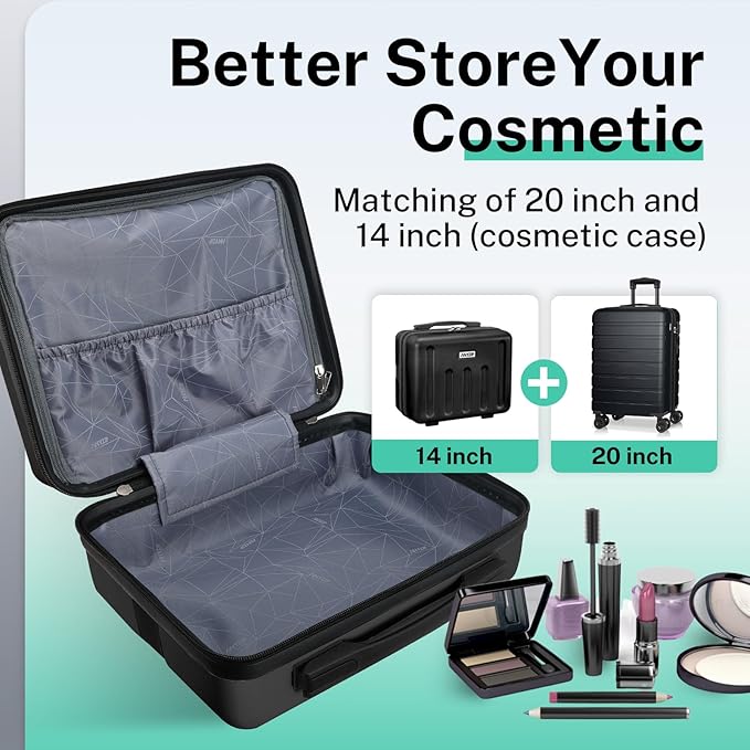 AnyZip Suitcase, 20" Carry On Luggage 14" Mini Cosmetic Cases Luggage Sets Hardside PC ABS Lightweight USB Suitcase with Wheels TSA for kids (2-Piece Set (14/20),Black)