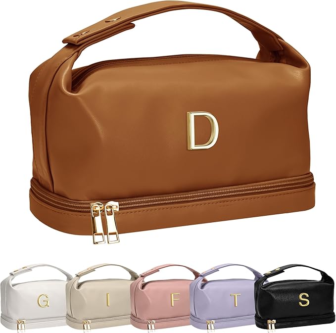 Gifts for Women Birthday, Monogrammed Makeup Bag with Handle, Initial Double Layer Cosmetic Bag with Makeup Brush Organizer, Cute Cosmetic Pouch for Women, Gifts for Friends Female Mom