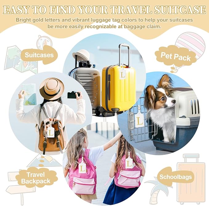 Personalized Initial Luggage Tags for Suitcase TSA Approved, White Leather Cute Luggage Tag with Privacy Cover Name Card, Embroidered Custom Luggage Tags Travel Baggage Tags Gifts for Women Kids(L)