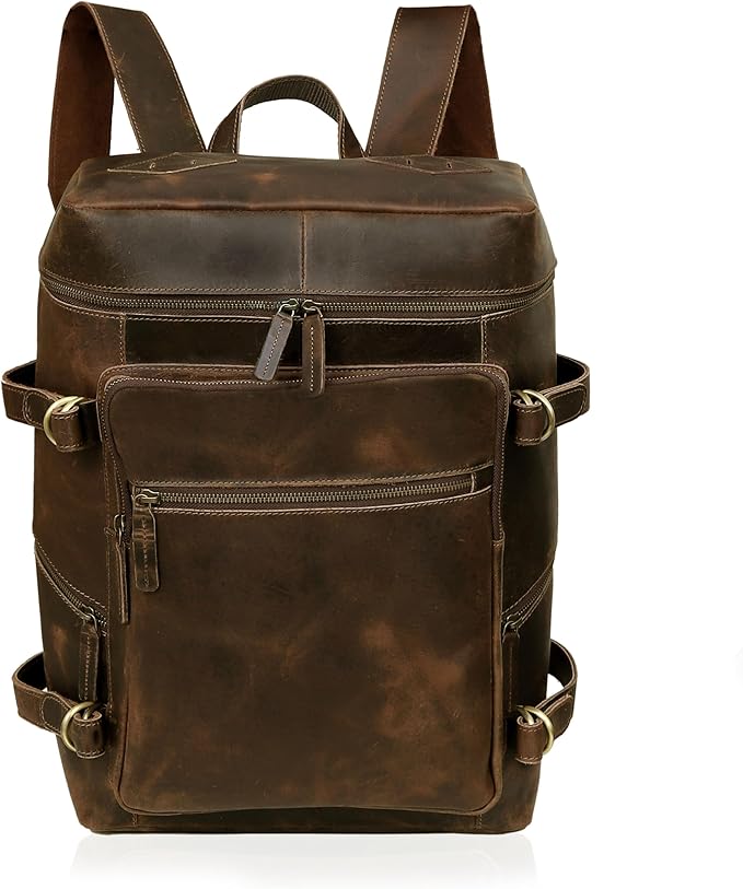 HLC Leather Brown Backpack For Men 17 Inch Genuine Laptop Backpack For Women Men Genuine Leather Backpack Vintage Large Capacity Business Retro Daypack