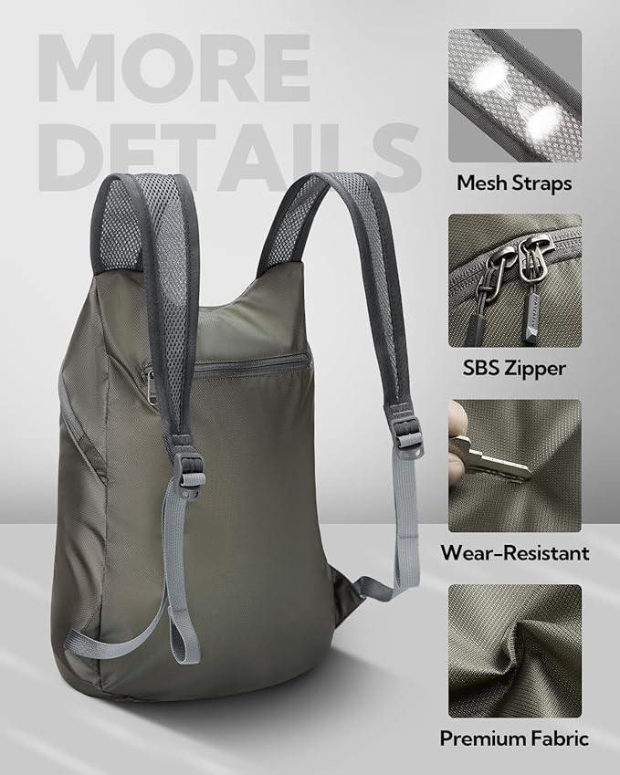 WATERFLY Foldable Lightweight Hiking Backpack: 15L Packable Traveling Daypack Men Women Ultralight Thin Casual Day Pack Bag for Outdoor Sports Camping Beach Park (Gray)