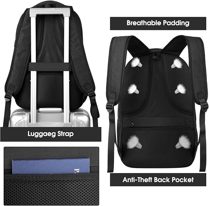 Travel Laptop Backpack for Men and Women, 17 Inch Large School Backpacks for Teens, Business Anti Theft Durable Back Pack, Water Resistant Computer Bag with USB Charging Port, Black