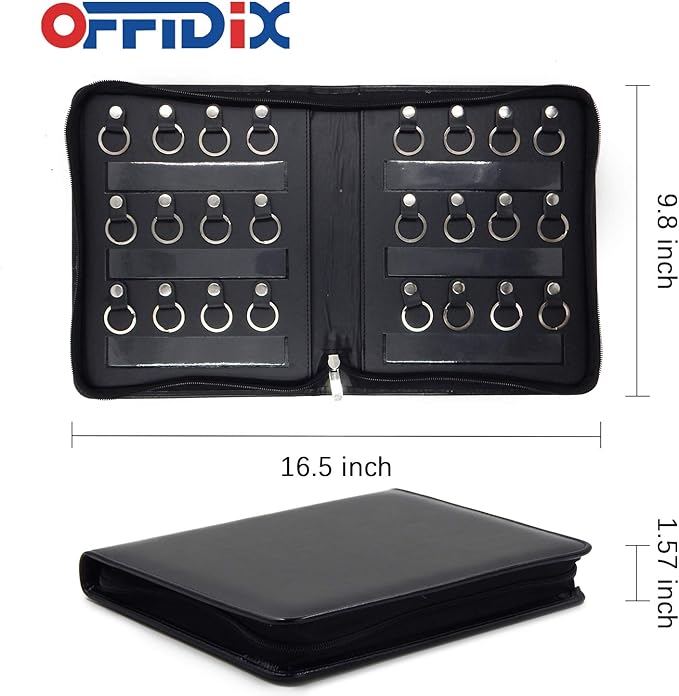 OFFIDIX Portable Zippered Key Case,Leather Portable Key Cabinet 24 Key Hooks Key Organizer,Manager & Landlord Key Holder, Business Padfolio for Real Estate Sales,Hotel Executives, Car Service