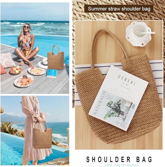 Straw Beach Bags for Women Woven Beach Tote Bag Casual Boho Large Shoulder Handbags Purse for Vacation Holiday