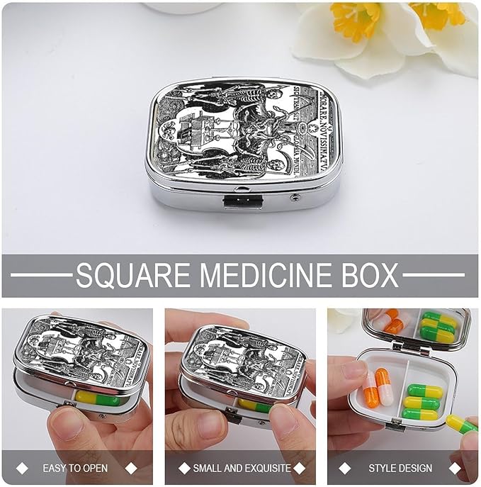 Metal 2 Compartment Pill Organizer Travel Friendly Portable Compact Pill Box Cute Pill Case to Hold Vitamins,Fish Oil,Supplements,Meds,Tablet for Purse,Pocket. (Skeleton Warrior)