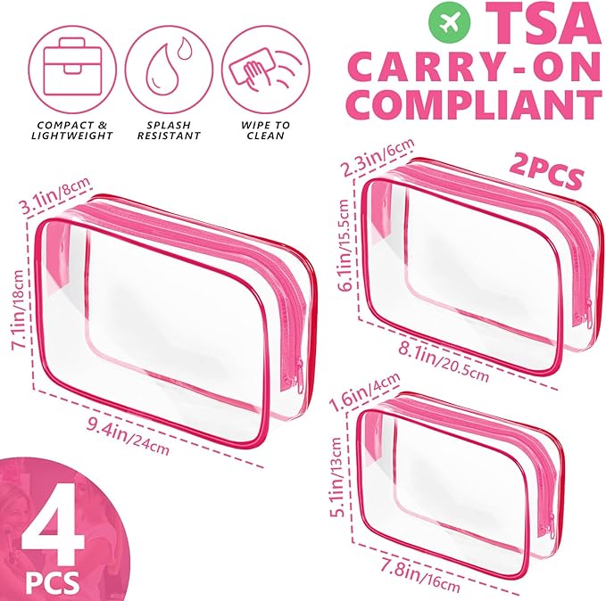 AURUZA 4 Pack Clear Toiletry Bag, Portable Travel Makeup Pouch with Zipper, TSA Approved Organizer, PVC Cosmetic for Airport Airline Compliant