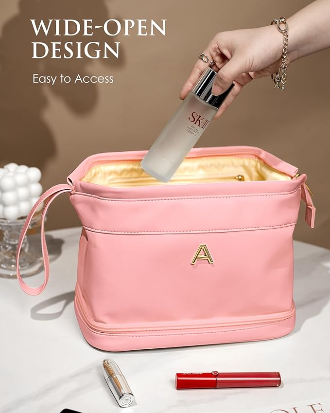 Monogrammed Gift for Women Girls, Initial Makeup Bag, Personalized Double Layer Cosmetic Bag with Makeup Brush Organizer, Large Capacity PU Leather Travel Toiletry Bag, Sister Gifts