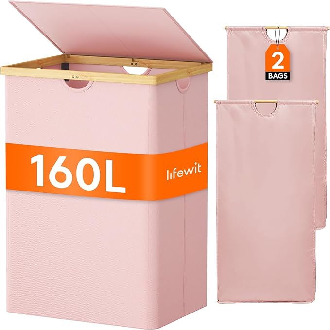 Lifewit 160L Double Laundry Hamper with Lid, Extra Large Bamboo Laundry Basket Dirty Clothes Hamper, 2 Section Laundry Bin Organizer for Laundry Room Bedroom with 2 Removable Liners & Bags, Pink