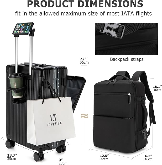 feilario 2 Piece Set 20in Aluminium Frame PC Hard Shell Spinner Wheels Luggage, Built-In TSA lock Carry on Suitcase, with Cup Holder, USB Port, Phone Holder