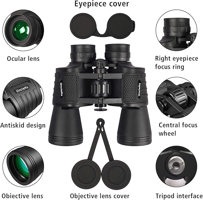 UncleHu 20x50 High Power Binoculars for Adults with Low Light Night Vision, Full-Size Waterproof Binoculars for Bird Watching Hunting Travel Football Games Stargazing with Carrying Case and Strap