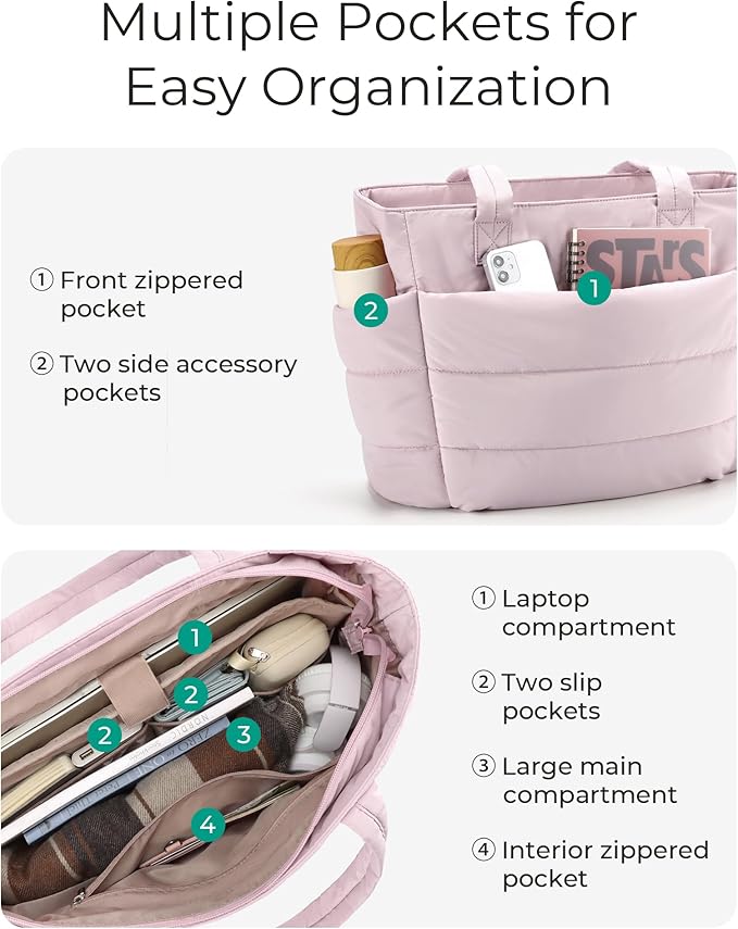 BAGSMART Tote Bag for Women, Lightweight Puffy Tote Bag with Compartments Shoulder Bag Handbag for Travel, Work, Gym,