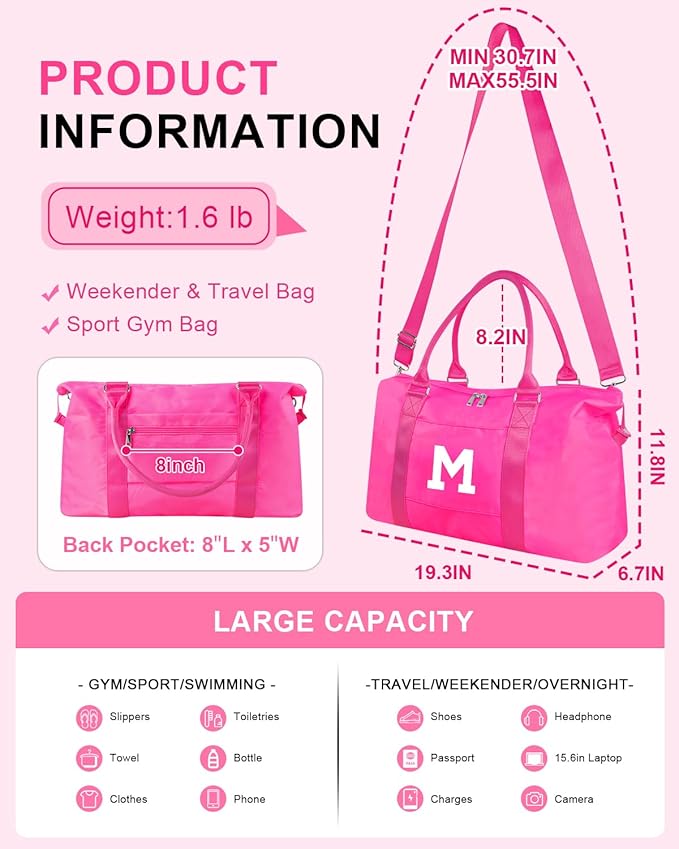 Overnight Bag for Kids Teen Girls Weekender Dance Bag Birthday Graduation Gifts,Initial Travel Duffel Bag Sports Gym Bag Personalized Weekender Bag Carry On Bags Preppy Gifts for Women(Hot Pink, M)