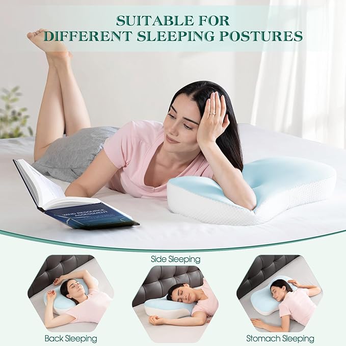Cervical Pillow for Neck and Shoulder Support, Ergonomic Memory Foam Contour Pillows with Adjustable Dual Heights & Breathable Cover for Side Back Stomach Sleepers (Blue)