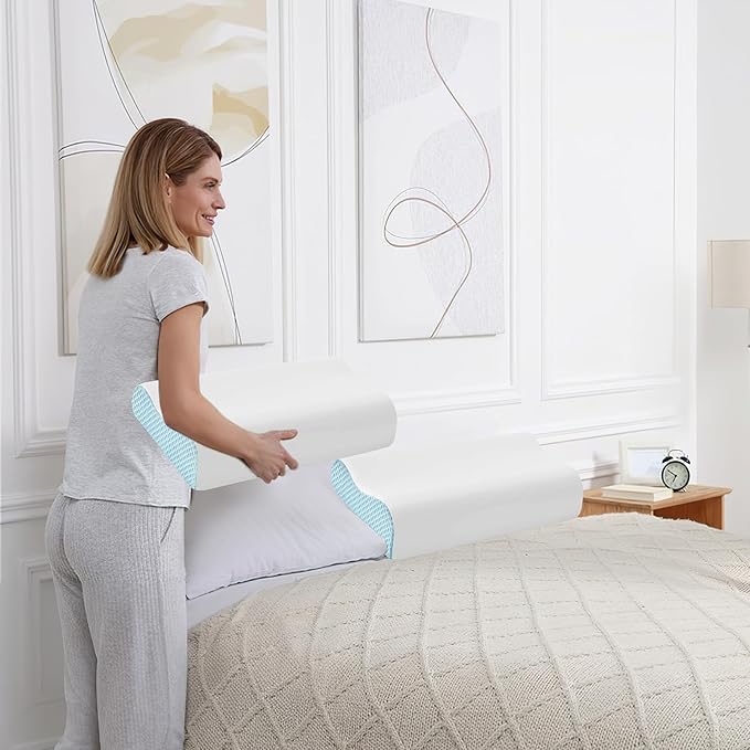 Memory Foam Cooling Bed Pillows for Sleeping, Ergonomic Cervical Pillow for Neck and Shoulder Pain Relief, Adjustable Cold Pillow with Pillowcase,Blue