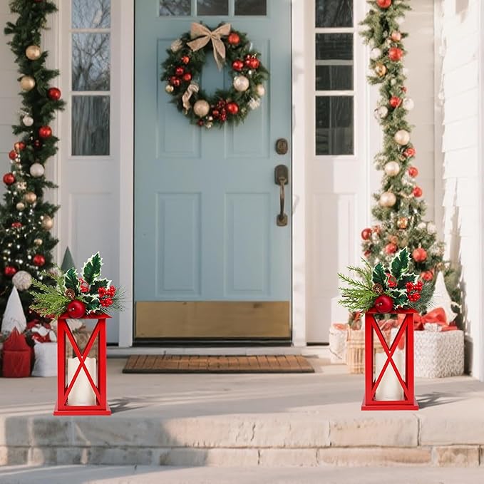 Christmas Decorative Lanterns 2 Pack Outdoor Lantern 13.5" Waterproof Battery Powered LED Hanging Lanterns with Flamessless Candle for Front Porch, Entrance, Indoor, 2 Pack