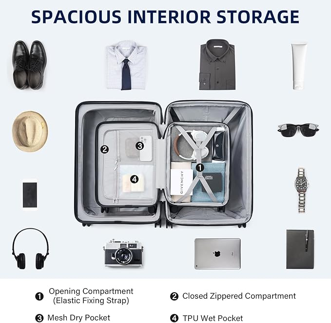 Hard Shell Suitcases Expandable Travel Luggage Sets 2 Piece, Carry on and Check in Luggage Lightweight Suitcase Set 2 Piece with Wheels Cup Holder Charger Built in (White, 20/28)