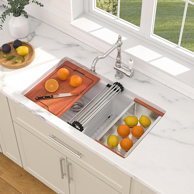 Dcolora 33 Inch Granite Compoisite Kitchen Sink White Undermount Kitchen Sink 50/50 Double Bowl Workstation Elegant Under Counter basin 33"×19“×10”，#DC-GX3327