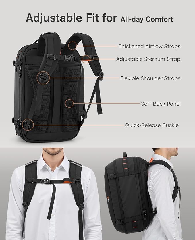 Tolaccea Travel Backpack with Garment Bag, Suit Carry On Backpack, TSA Flight Approved for Travel & Business Trips with Dual Laptop Storage for 17.3" and 12.9" & Extra Toiletry Bag, 45-55L Expandable