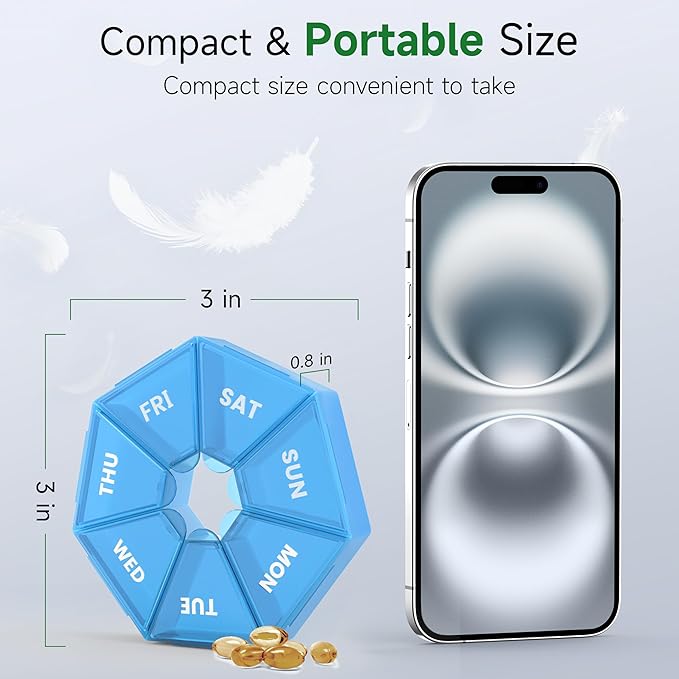 Weekly Pill Organizer, 2 Pack Portable Pill Box Medicine case 6 Colors (Seven Day) New Edition for Vitamin/Fish Oil/Pills/Supplements-Arthritis Friendly (Blue)
