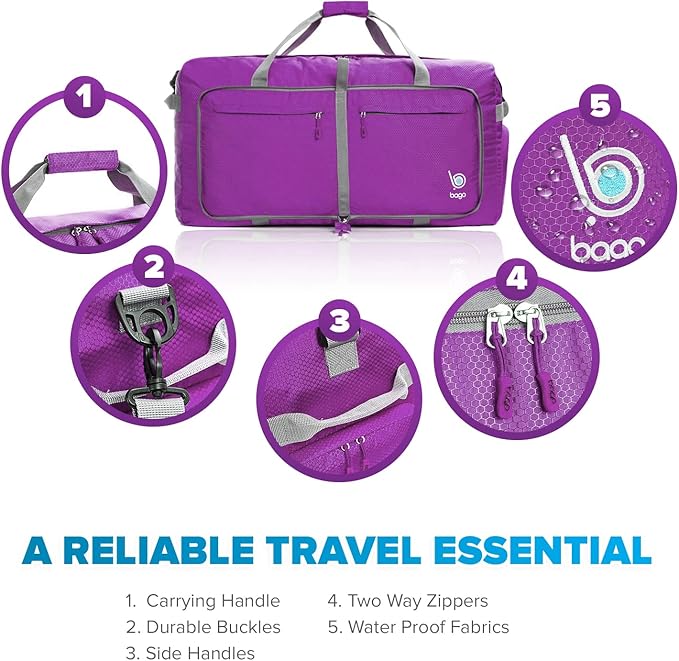 Bago Large Foldable Duffel Bags for Traveling Women & Men - 120L Packable Duffle Bag for Travel with Shoe Compartment - Water Repellant, Heavy Duty, Lightweight Folding & Collapsible (Purple)