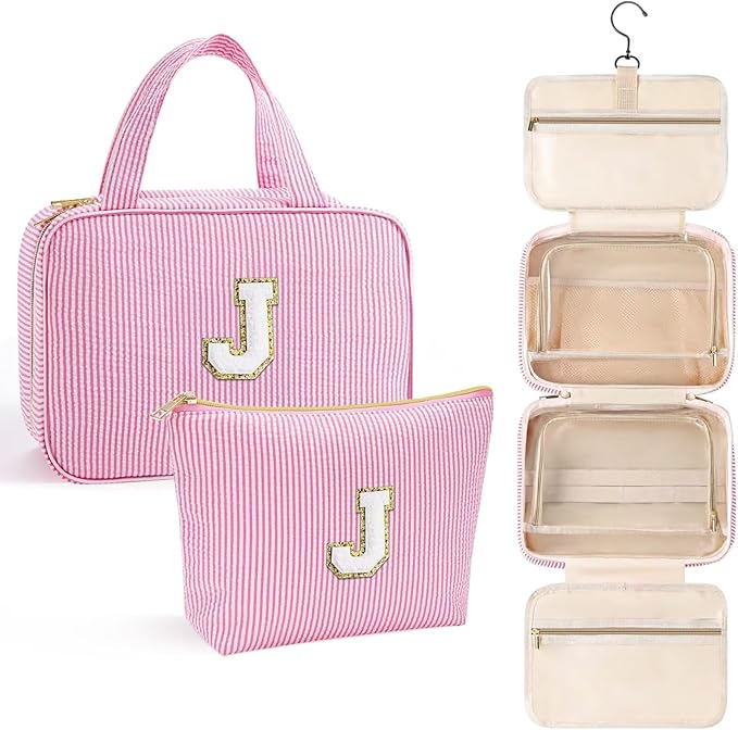 YOOLIFE Travel Toiletry Bag Makeup Bag - Hanging Toiletry Bag for Women, Portable Toiletries Travel Bag and Cosmetic Bag, Airplane Travel Essentials Travel Toiletry Bag - Letter J, Pink