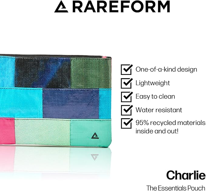 Rareform Essentials Organizer Pouch | Travel Accessory Bag, Protects Tech, Cosmetics, Toiletries with Inner Fleece Lining, Water-Resistant | Recycled Nylon, One-of-a-Kind, Patchwork
