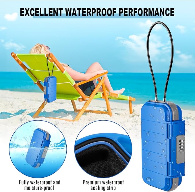 HUANLANG Portable Safe Lock Box with Combination Lock Mini Beach Travel Safe Waterproof Small Lockable Box with Removable Wire Rope Combination Safe Box for Dorm,Travel,Beach,Hotel,Car,Home,Office