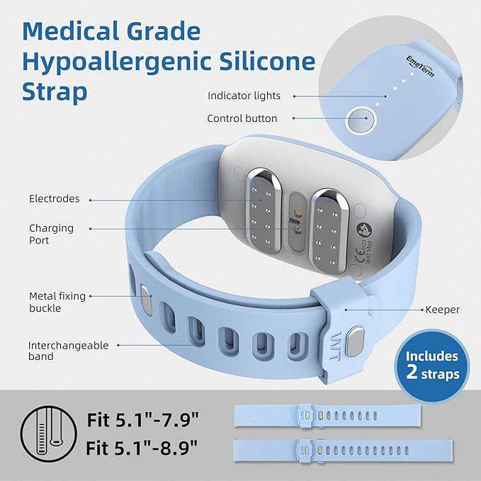 EmeTerm Fashion FDA-Cleared Relieve Nausea Electrode Stimulator Morning Sickness Motion Travel Sickness Vomit Relief Rechargeable No Gel Drug Free Wrist Bands Without Side Effects (2 Pack)