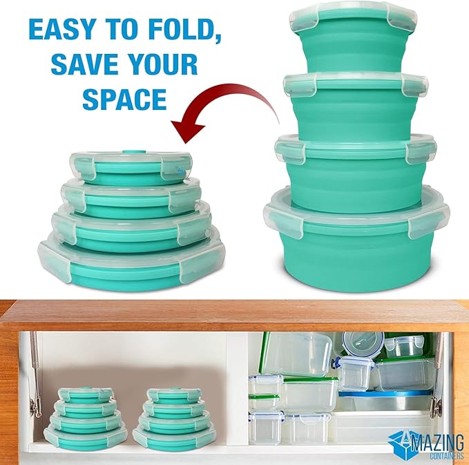 Collapsible Bowls for Camping, Set of 4 Silicone Food Storage Containers with Lids, Rv storage and organization, Rv Kitchen Accessories, BPA Free, Microwavable, Freezer, Dishwasher Safe