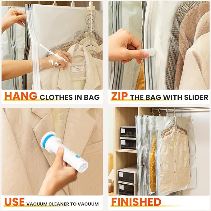 Hanging Vacuum Storage Bags with Electric Pump – 6 Pack (3 Long, 3 Short) Hanging Vacuum Seal Bags for Clothing, Space-Saving Compression Bags for Suits, Jackets, Travel Wear & Coats