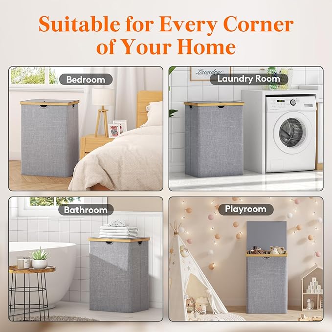 Lifewit 160L Double Laundry Hamper with Lid, Extra Large Bamboo Laundry Basket Dirty Clothes Hamper, 2 Section Laundry Bin Organizer for Laundry Room Bedroom with 2 Removable Liners & Bags, Gray