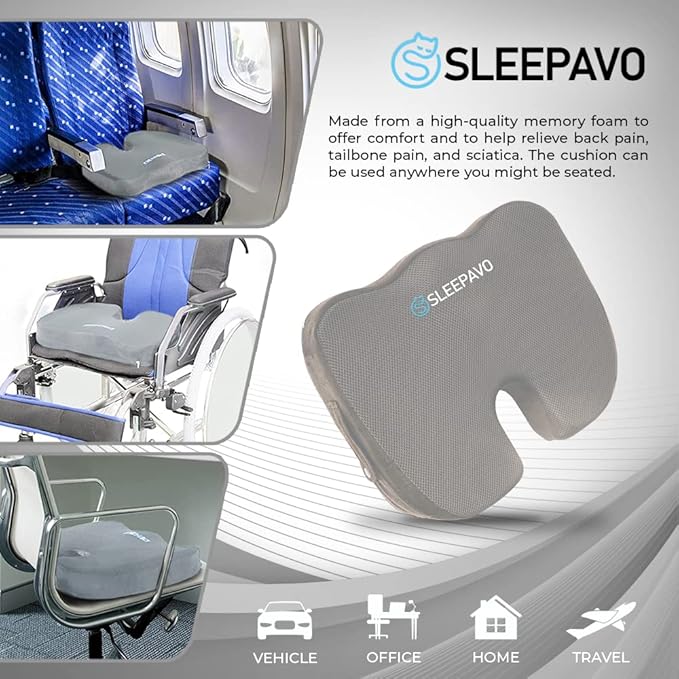 Sleepavo Office Chair Cushion - Seat Cushion for Tailbone Pain Relief - Butt Pillow for Coccyx, Sciatica, and Lower Back Pain - Orthopedic Chair Pad for Lumbar Support in Office Desk (Gray)