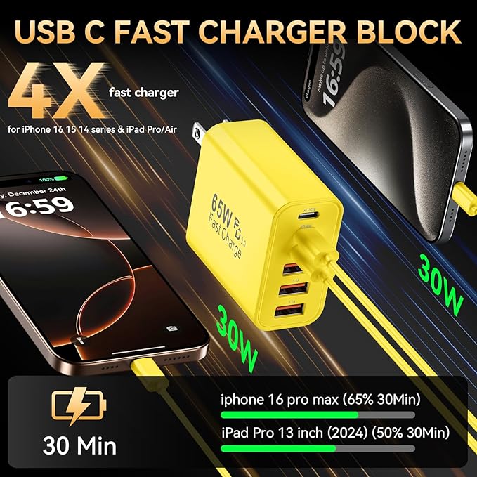 USB C Fast Charger Block, iPhone Charger Fast Charging Blocks 65W Multi Port Charger 6-Ports PD & QC Charging Cube Brick Power Adapter Type C Wall Chargers for iPhone 17/16/15/14/13/12 Pro Max, iPad