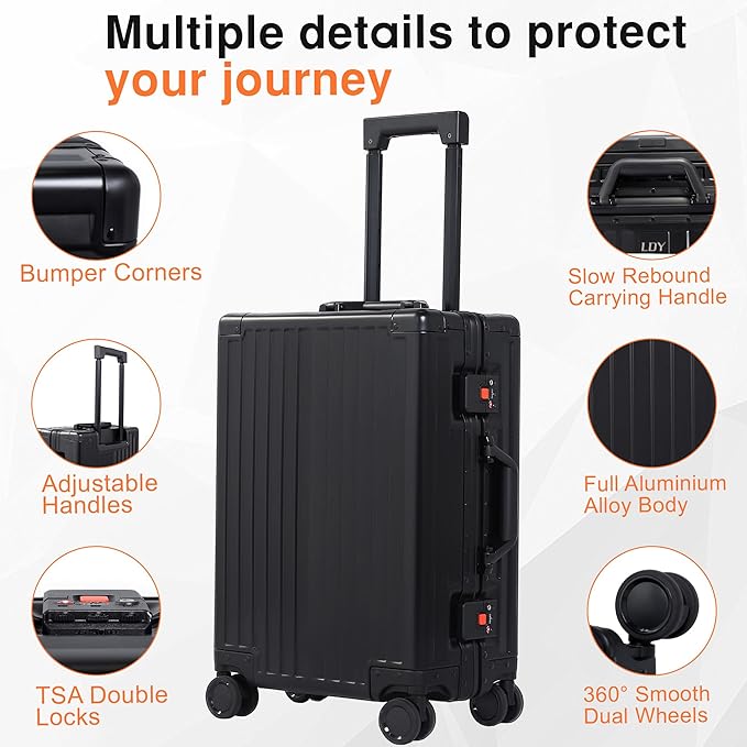 All Aluminum Carry On Luggage 22x14x9 Airline Approved，Hard Shell Carry On Luggage, Zipperless Luggage Aluminum Suitcase Luggage (black, 20inch)